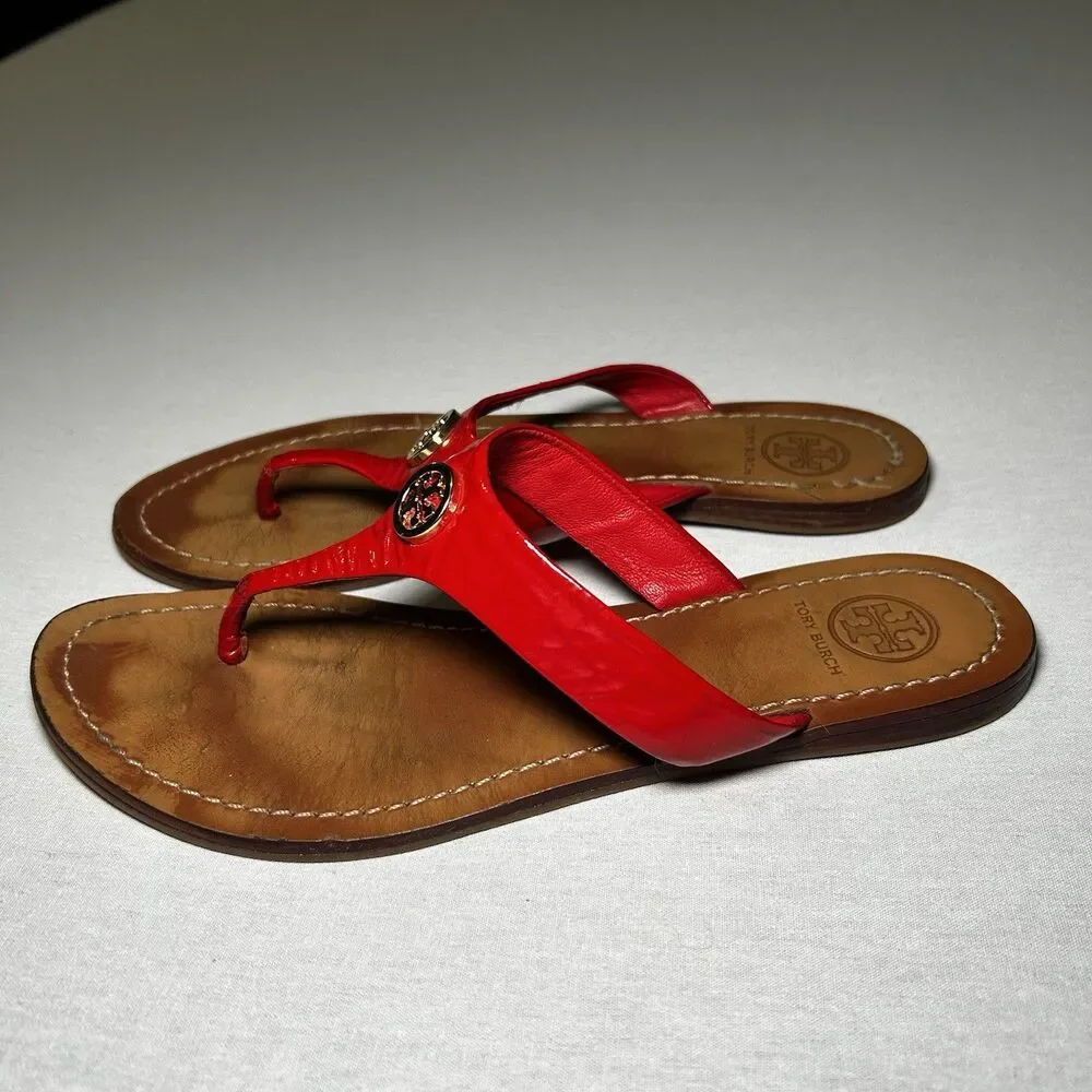 Tory Burch Cameron thong sandals in red patent leather, size 6.5